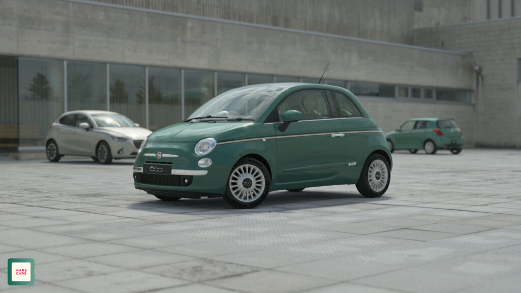 Auto zelený Fiat 500 dostupný na prenájom už v autopožičovni Mars Cars..